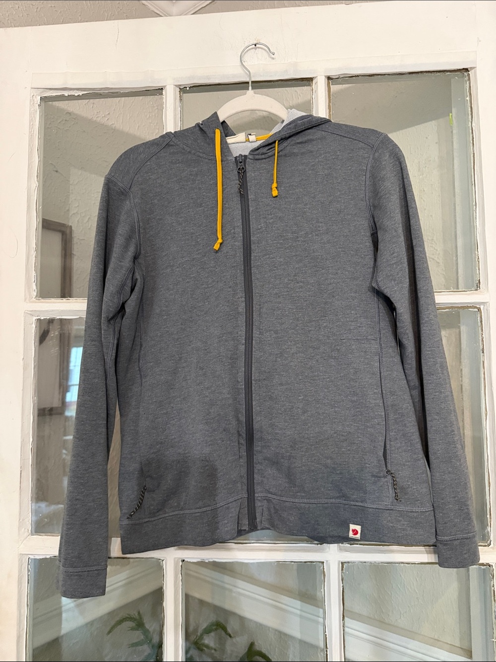 Fjall Raven Gray Zip-Up Hooded Sweater with Yellow Drawstrings